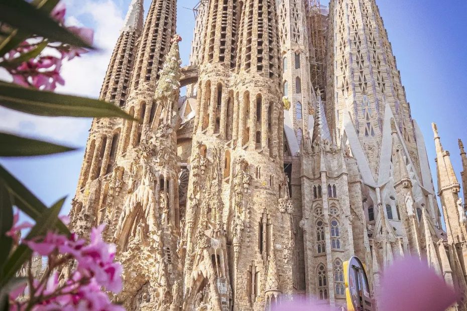 Barcelona Sagrada Familia with spring flowers